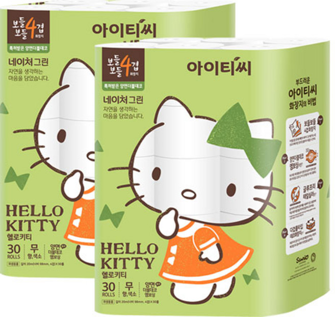 헬로키티 네이처그린 4겹 화장지 (20M 30롤x2팩) 총 60롤, 2개, 30롤