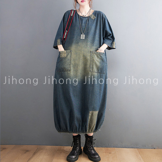 지홍 빈티지 데님 롱피스 워싱 루즈핏 청원피스