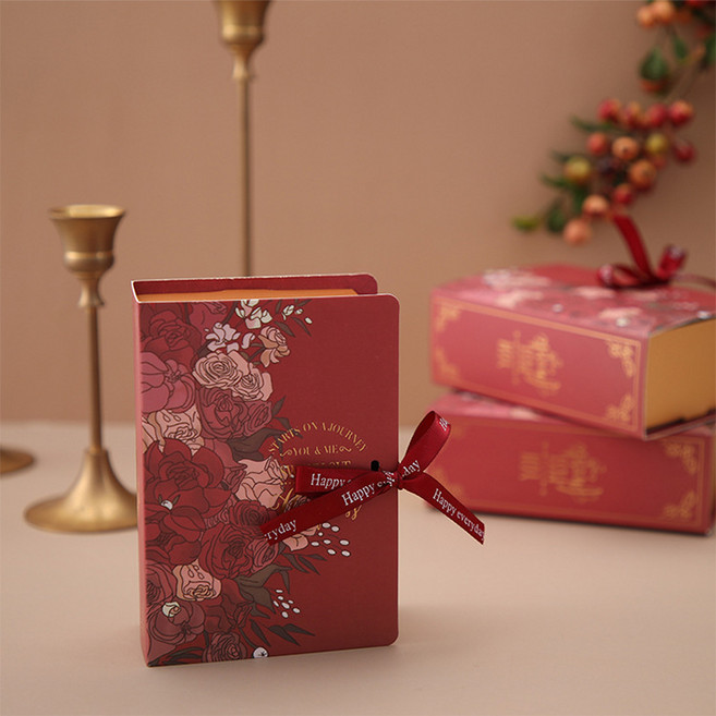 書本造型喜糖盒 婚禮伴手禮, 酒紅色書本盒*8*45*12cm含絲帶平板發貨, 1個