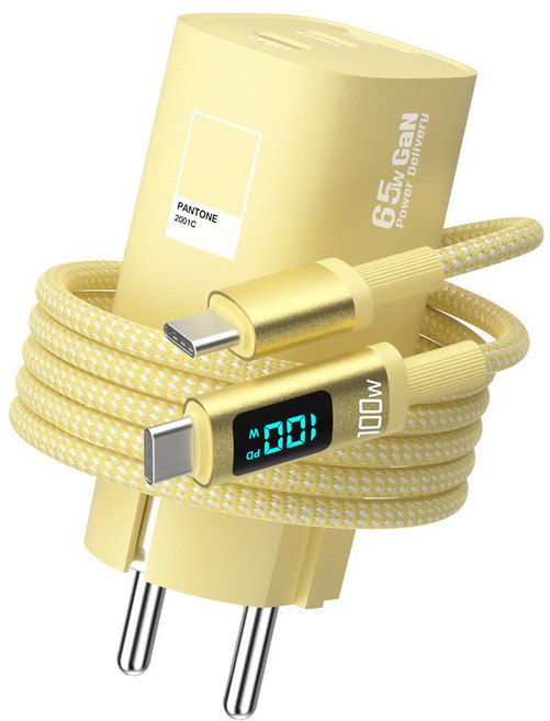 팬톤 접지형 GaN PPS 65W 3포트 디스플레이 초고속 멀티충전기 PD65WGN, 1개, 옐로우