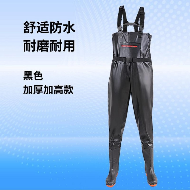 趕海加厚連體褲 下水褲 皮叉雨褲男 釣魚涉水褲, 1個, 特價黑色大口袋背帶褲 黑平紋B款,鞋號37碼
