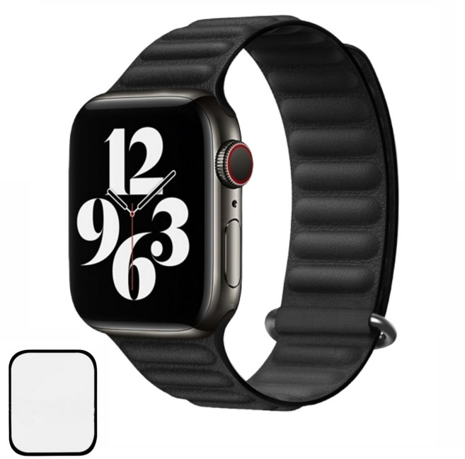 NUBASE 애플워치 호환 버클 마그네틱 링크 가죽 실리콘 스트랩, 01. 블랙, 1개