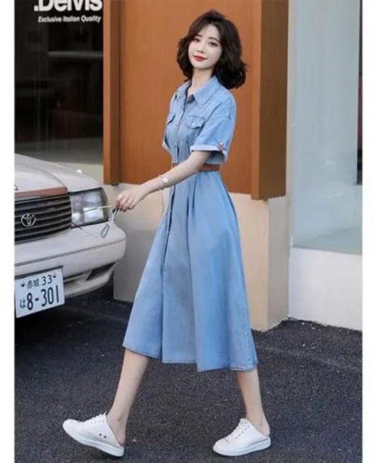 여성 원피스 데님 반팔 여성용 미디 길이 드레스 용수철 2024 기본 패션 우아한 점프수트 로브 한국 동대문 여성옷 ロング・マキシ 한국인 리뷰 많은 바캉스 여름 여성고급의류 여성원