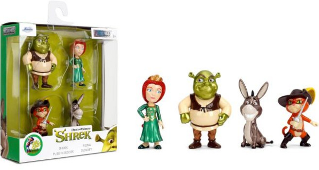 자다 슈렉 메탈피그 4팩 영화 수집품 피규어 2.5인치 다이캐스트 스케일 - 동키 피오나 부츠 장난감을 신은 강아지