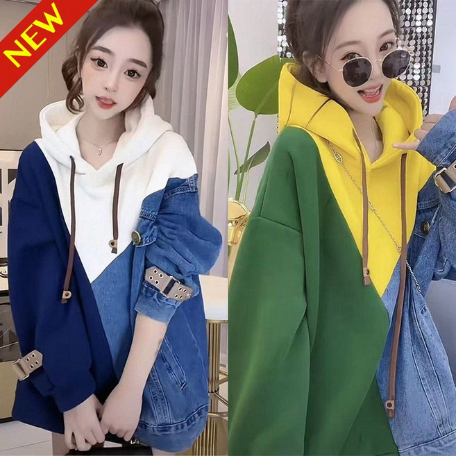 150kg까지 빅사이즈 여성 데님 이어붙이다 날씬해보이는 후드티 풀오버 가을 / 겨울 편한 배색 간절기 루즈핏 나른한 캐주얼 패션 데일리룩 bf 디자인 하라주쿠 바람 기질 맨투맨