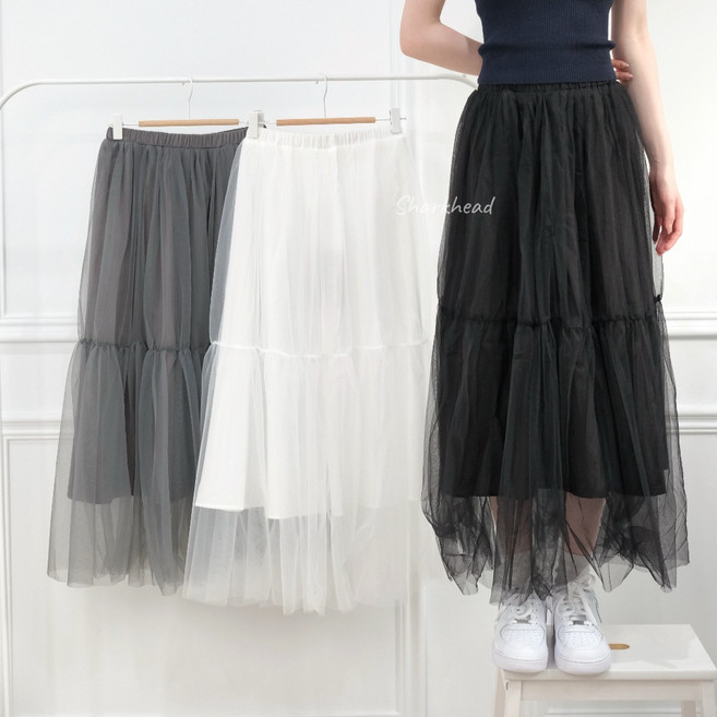 網紗長裙 內裡雙層 黑色/白色/灰色 鬆緊腰 半身裙