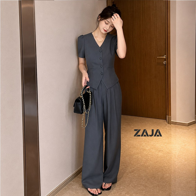 ZAJA 여성 여름 투피스 정장 반팔 하객룩 셋트 루즈핏 데일리 캐주얼