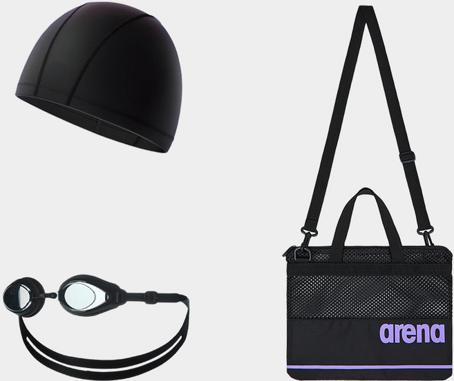 아레나 생존수영키트 수경+수모+가방 3종세트, 1개, BLK
