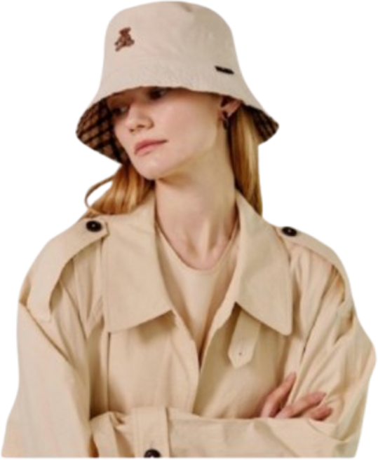 닥스 여성용 베어 자수장식 체크 리버시블 면 버킷햇