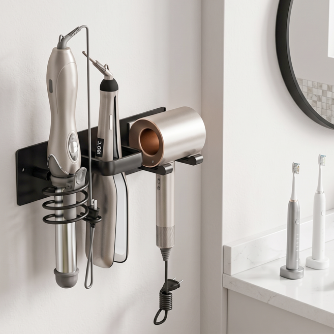 Lumiweft 무타공 올인원 드라이기 거치대 벽걸이 고데기 욕실 정리 홀더, 블랙, 1개