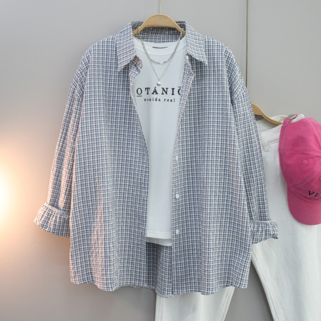 달콩 여성 빅사이즈 루즈핏 봄신상 카라셔츠 바이런체크오버핏셔츠