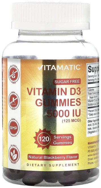 Vitamatic 무설탕 비타민D3 구미젤리 천연 블랙베리 125mcg(5 000IU) 구미젤리 120개 Vitamatic (바이타매틱), Vitamatic 무설탕 비타민D3 구미젤리 천연 블랙, 1개 - 쿠팡
