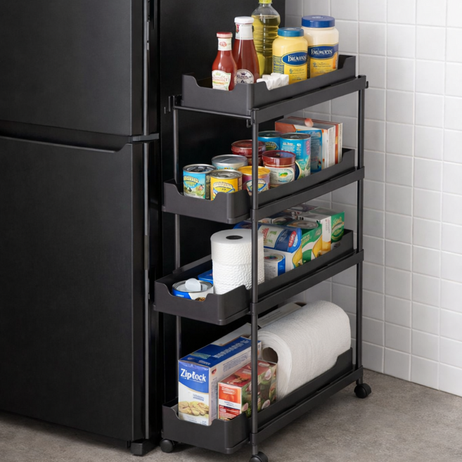 아르비엔트 4단 이동식 틈새 수납장 수납함 다용도 카트 슬림 슬라이딩, Slim-M4-검정