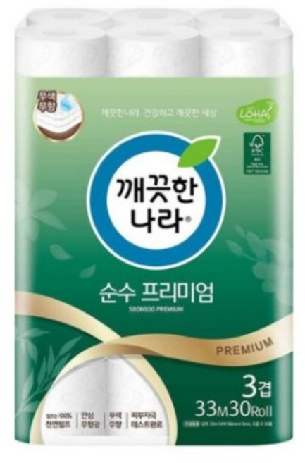 깨끗한나라 순수 프리미엄 화장지 천연펄프 고급롤화장지, 33m, 30개입, 28개