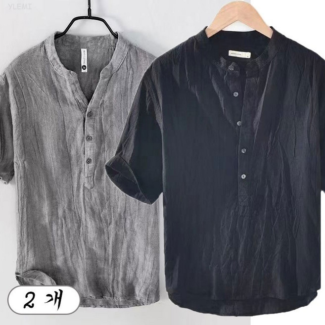 YLEMI 1+1 남성 브이넥 면 마 반팔티 여름 얇은 티셔츠 상의 2장 세트