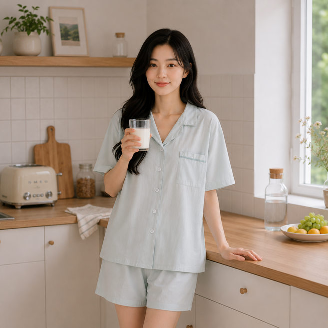 여성 모달 혼방 카라 반팔 반바지 잠옷 세트 여름 홈웨어 파자마 상하의 세트