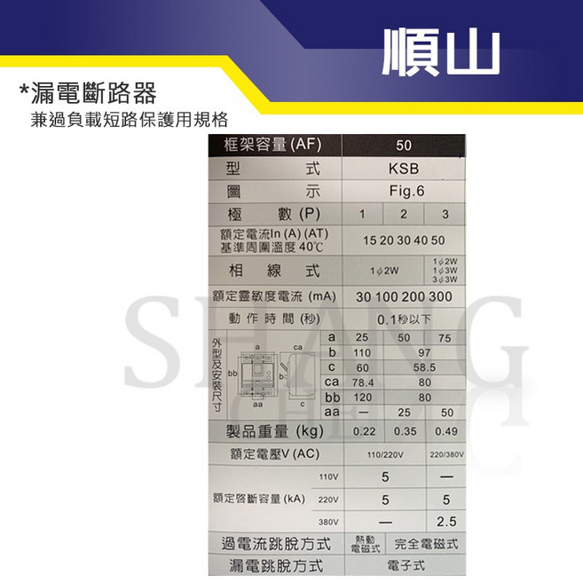 順山 KSB 漏電斷路器 BSMI認證 過負載短路保護兼用, 1個, 2P50