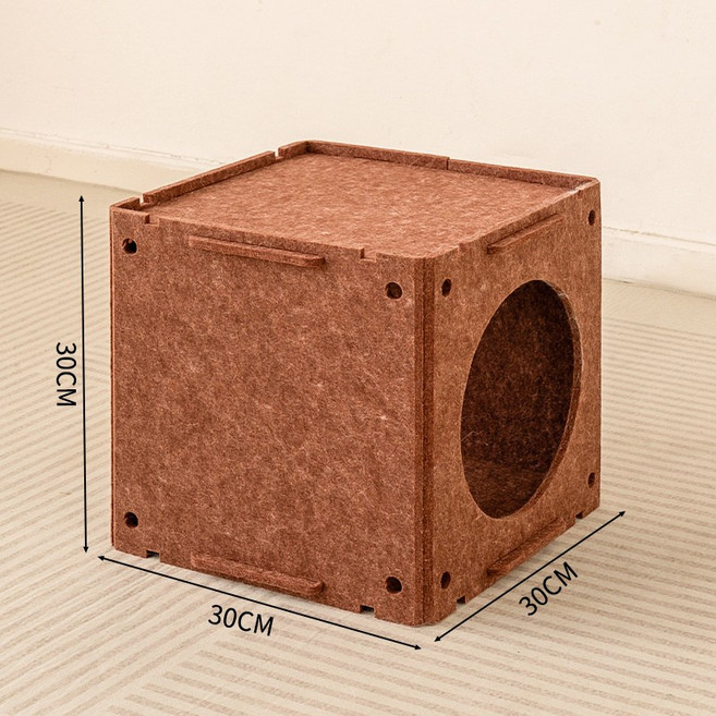 毛氈貓窩貓抓板貓隧道三合一安全感窩可拼接寵物窩躲避屋貓玩具屋, 1個, 方形咖色
