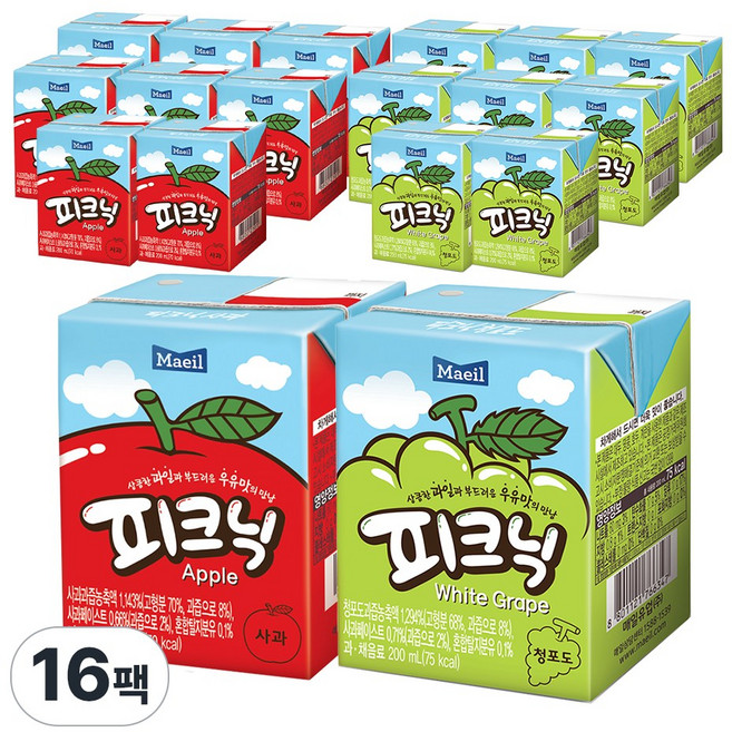 매일유업 피크닉 200ml 16팩(사과8+청포도8), 1세트