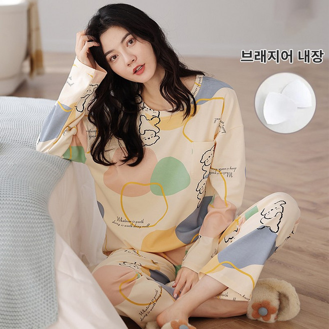 스타일아유 여성 봄 가을 귀욤 홈웨어 수면잠옷 라운드 프린트 가슴 패드 내장 상하 세트 5종 SE1221