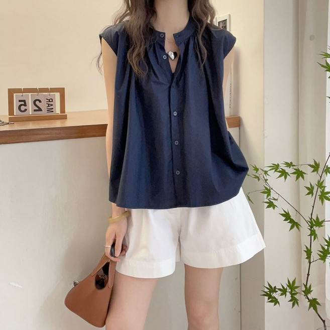 슬림소녀 여성용 여름 나시 블라우스 루즈핏 라운드 캐주얼 민소매 셔츠 상의 오피스룩