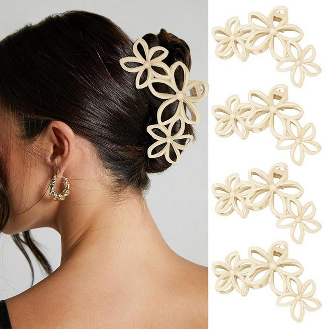 YONOY 4Pcs Large Matte Claw Hair Clips for Women -Hawaiian Plumeria Flower Hair Clips Large Non-Sl, White