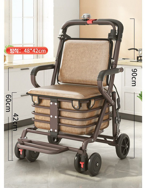 HAM리어카 접이식 보행 보조 쇼핑 카트 실버 4륜 넘어짐 방지 소프트 의자 F2, 1개