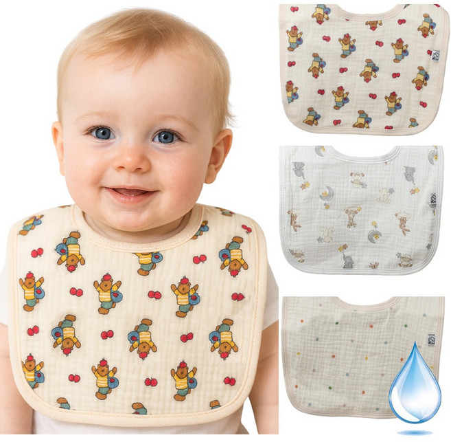 (3개/1set) 불로홈 요루 6중 거즈 아기 방수 턱받이 3종 U자형 건조기 사용가능