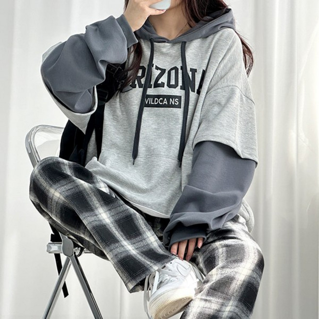 [자체제작] 아리조나 오버 레이어드 후드티 3컬러 여성 학생 교복 오버핏 루즈핏 빅사이즈 레터링 배색 기모 겨울