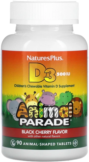 NaturesPlus Source of Life Animal Parade 비타민D3 천연 블랙 체리 맛 500IU 동물 모양 정제 90정, 1개 - 쿠팡