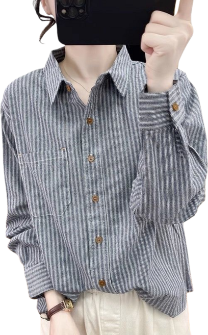 Makone 여성 면마 스트라이프 루즈핏 긴팔 셔츠 남방