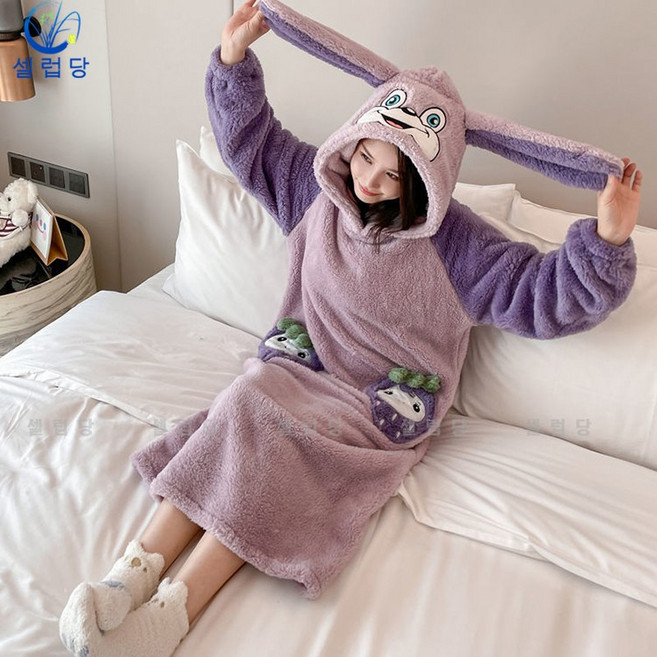 셀럽당 슬립 여 가을 겨울 플란넬 홈웨어 미디 잠옷