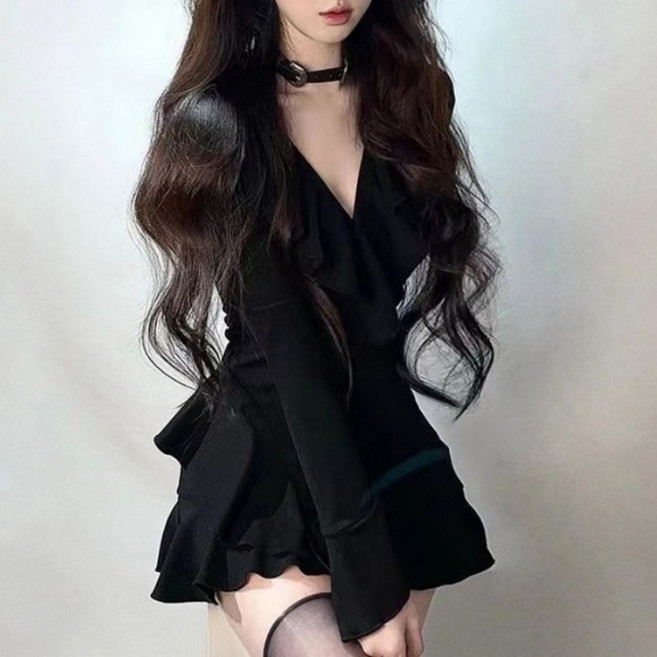 아이엠몽 여성 브이넥 랩 프릴 미니 원피스