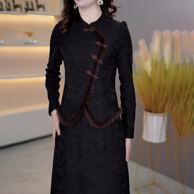 AOKADA 중년 여성 가을 겨울 레이어드 차이나넥 언발 기모 하객룩 엄마 정장 롱 원피스