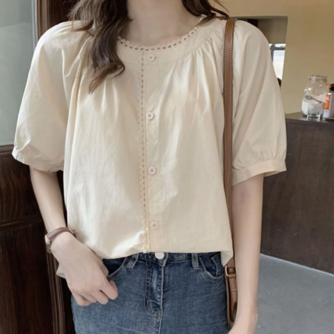 해피인뉴 여성 반팔 셔츠 펀칭 러블리 퍼프 소매