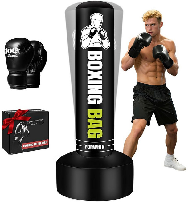 프리스탠딩 펀칭백 장갑 스탠드 포함 70인치 헤비 복싱백 여성 남성용 스탠딩 킥복싱백 MMA 무에타이 가라테 피트니스 홈짐 훈련용, 성인용 독립형 펀칭백, 177.8cm(70인치) 무거운