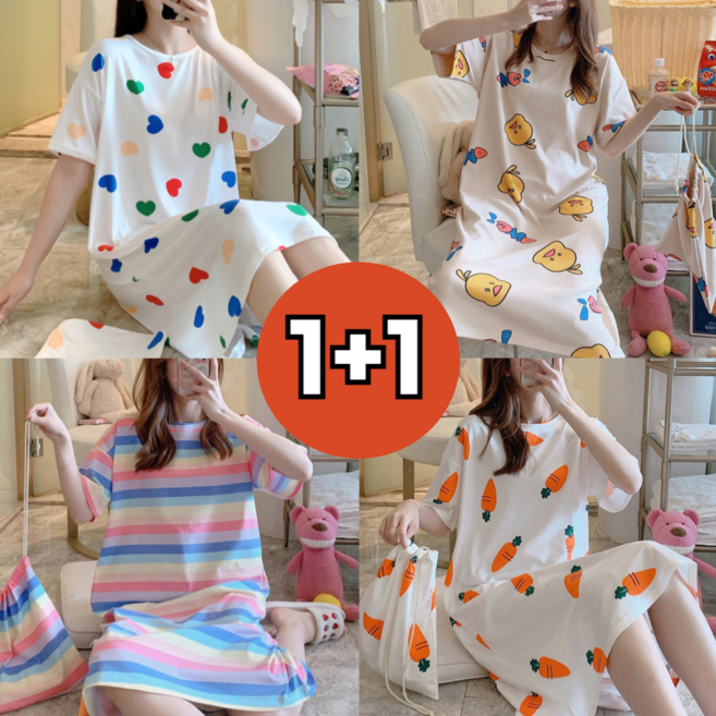 1+1(2세트) 캐릭터 6종 반팔 원피스 홈웨어 여성 잠옷 수면 실내복 마켓엘리