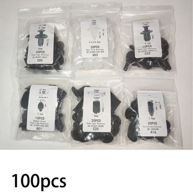 50-100개 자동차 패스너 클립 키트 펜더 리벳 클립 차체 푸시 리테이너 핀 리벳 범퍼 도어 트림 패널 리테, 04 B-100Pcs (Bagged)
