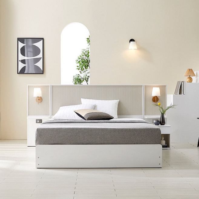 베디스 호텔식 오로라 템바보드 LED조명 멀티수납 침대프레임 SS (패널제외), 베이지+화이트