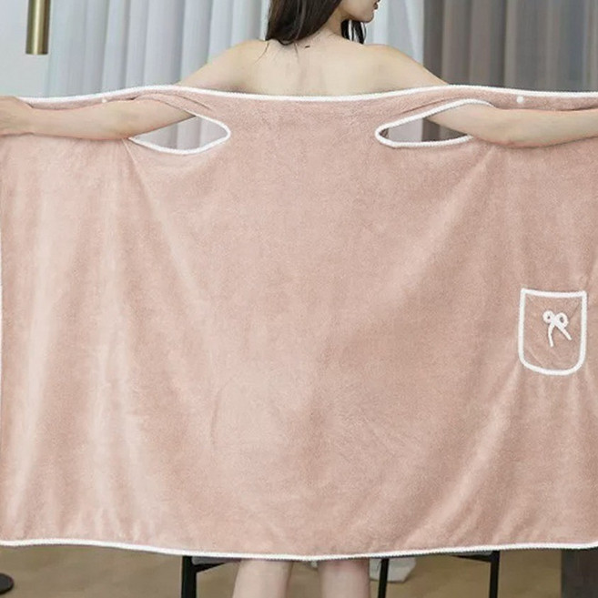 마켓플랜 리본 포켓 소프트 목욕 가운 타월, 1개, 베이지