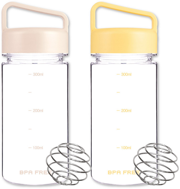 위드 눈금 쉐이커보틀 핸디 손잡이 트라이탄 물병 2P, 1세트, 350ml, 아이보리,옐로