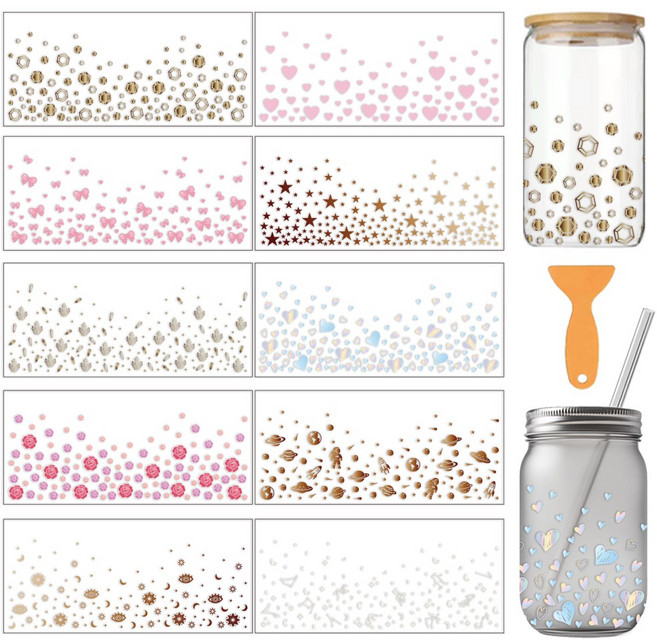 PVC UV 전사 컵 스티커 다양한 패턴 디자인 코팅 장식용 DIY 리무진 10장 세트 24x11cm, 혼합 패턴