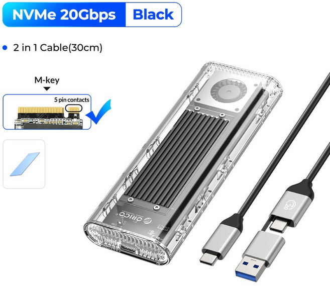 SSD 케이스 인클로저 Gen 4TB 도구 냉각 USB 2x2 PCIE 20Gbps 선풍기 어댑터 키용, 08 with Fan Black, 한개옵션1