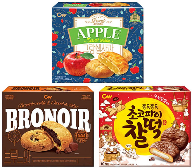 청우 파이 (초코파이 찰떡 215g+그랑쉘 사과 195g+브루느와 165g )총30개입, 1세트, 575g