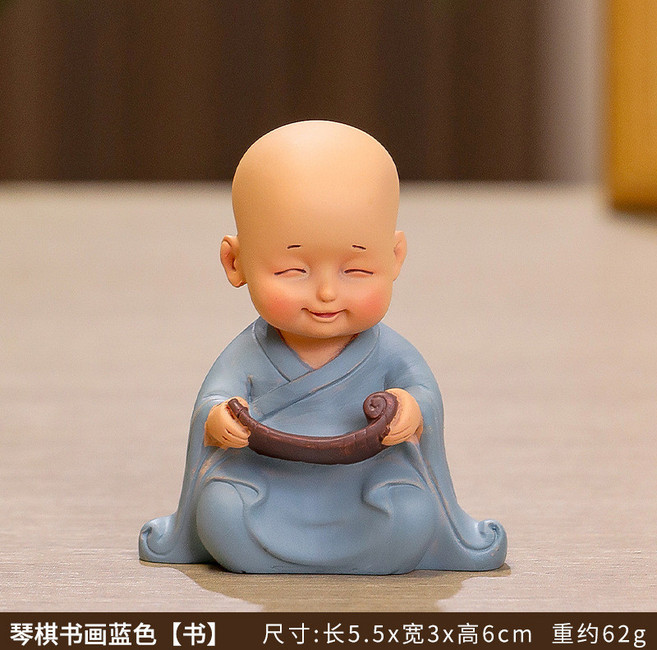 慧能和尚迷你小擺件 新中式禪意小沙彌茶臺裝飾品 居家辦公桌面招財擺飾, 升級款藍色【書】