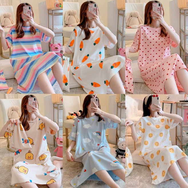 JA 여름 롱 원피스 반팔 잠옷 면 파자마 임산부 홈웨어