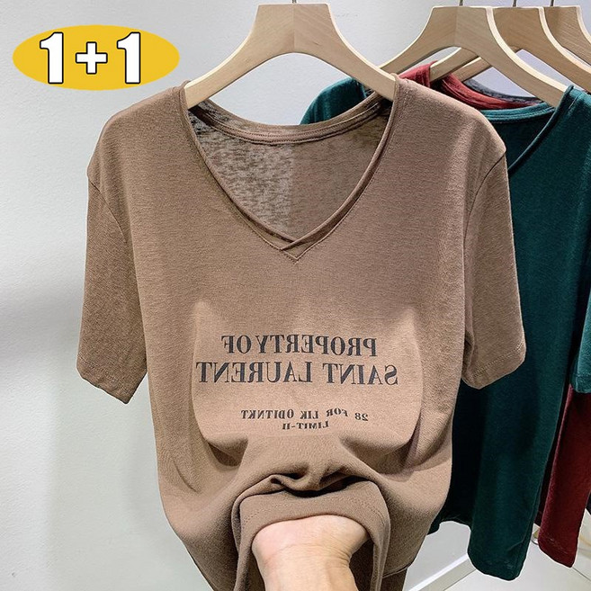 1+1 빅사이즈 여성 얇은 브이넥 티셔츠 루즈핏 프린팅 반팔티 편한 이너티