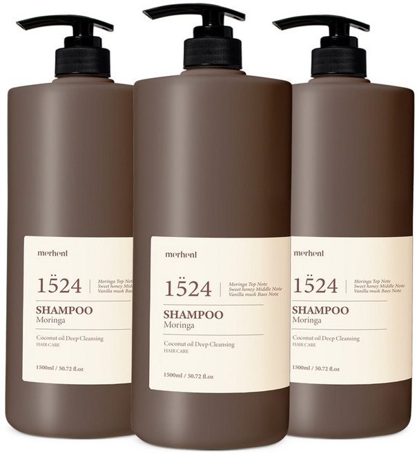 [1+1+1] 메르헨트 코코넛 오일 딥클렌징 대용량 샴푸 1500ml 모링가향 약산성 청소년 사춘기 미용실샴푸 정수리냄새 향기좋은 퍼퓸 여자 남자 군인 추천 남성 여성 샴푸 1위, 3개, 1.5L