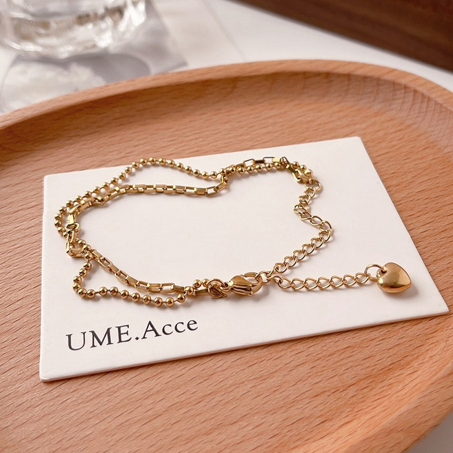 UME.Acce 雙層手鍊 圓珠鍊方塊鍊 垂墜愛心 鈦鋼 18K金電鍍