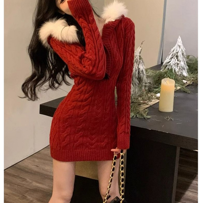 썸머바이브 NQ-409 크리스마스 후드 퍼 니트 슬림핏 미니 원피스